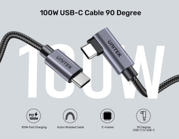 UNITEK TYPE-C HIZLI ŞARJ KABLOSU 90 DERECE 2 METRE 100W (C14123BK-2M)